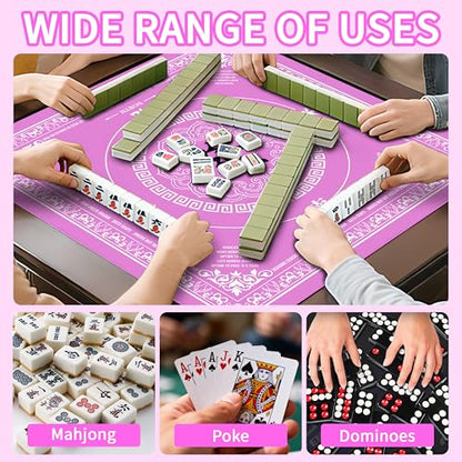 Mahjong Mat with Black Carrying Bag, 31.5"x31.5" Anti-Slip Noise Reduction Gaming Mat for Mahjong, Poker, Board Games, 3 Dice & Black Storage Bag - color: Bright Pink