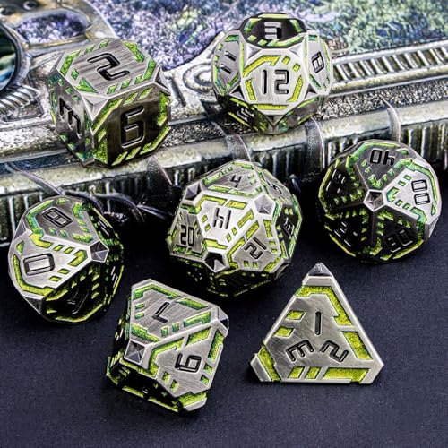 Metal DND Sci-fi Dice Set 7PCS Stripe Polyhedral Dice for Dungeons Dragons RPG Role Playing Game, Glitter D and D Dice with Gift Box D6 D8 D10 D12 D20 (Grey&Green Yellow) - color: Silver Gray - Yellow Green