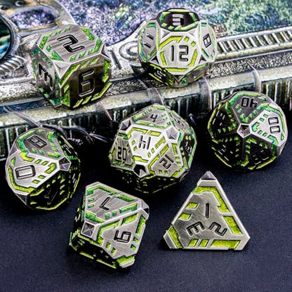 Metal DND Sci-fi Dice Set 7PCS Stripe Polyhedral Dice for Dungeons Dragons RPG Role Playing Game, Glitter D and D Dice with Gift Box D6 D8 D10 D12 D20 (Grey&Green Yellow) - color: Silver Gray - Yellow Green