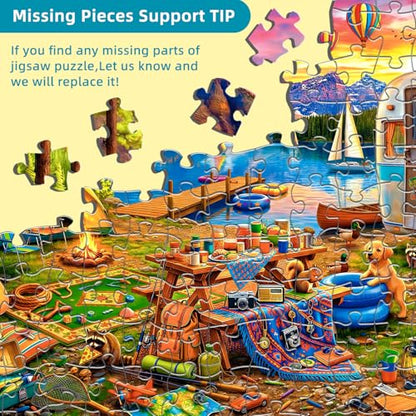 Lakeside Camping Day 1000 Piece Puzzles for Adults | Mountain Lake Camping Puzzles for Adults 1000 Pieces, Impossible Hard Fun Challenging Lakeside Camping Puzzles for Adults - color: Camping Day