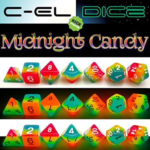 Bescon Fantasy Rainbow Glowing Polyhedral Dice 7pcs Set Midnight Candy, Luminous RPG Dice Set Glow in Dark, Novelty DND Game Dice d4 d6 d8 d10 d12 d20 d% in Brick Box - color: Midnight Candy