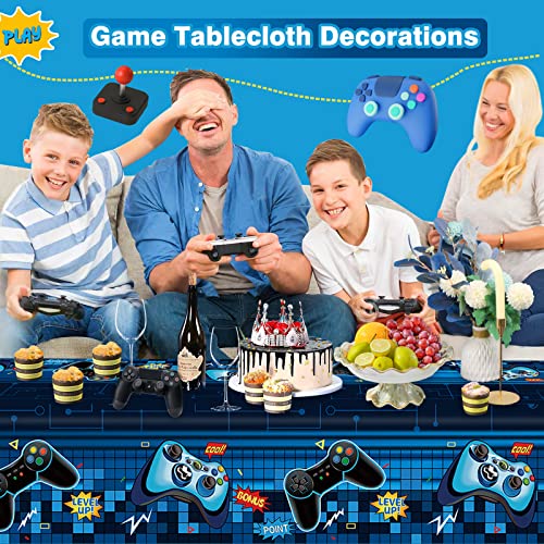 Video Game Rectangular Tablecloth, 3 Pcs Blue PE Plastic Disposable, 54'' x 108'', for Boys Gamer Birthday Party Decorations | Disposable PE plastic covers for boys' gamer birthdays, arcade parties, e-sports events, game rooms, and outdoor picnics