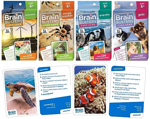 Brain Busters Card Game for Kids, Family Trivia Game Bundle with 120 Flash Cards - Learn and Play with Multiple Choice Trivia Cards About Environment, Insects, Geography and Pets (Ages 6+) - style: Nature