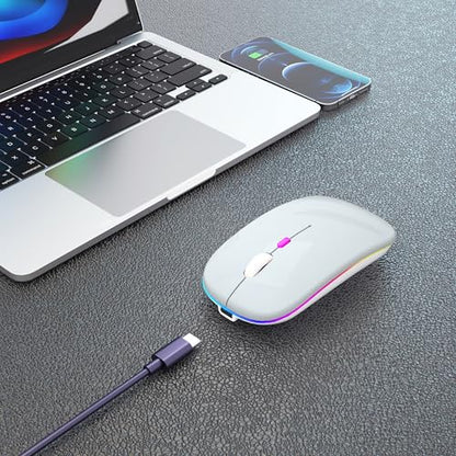 AIKOKOK Wireless Bluetooth Mouse, Rechargeable Dual Mode Mouse, Silver | BT 5.2 & 2.4G USB Receiver,3 Adjustable DPI,LED Lights,Slim,Silent,Portable Computer Mouse for Laptop,PC,MacBook,iPad,Tablet - color: Silver