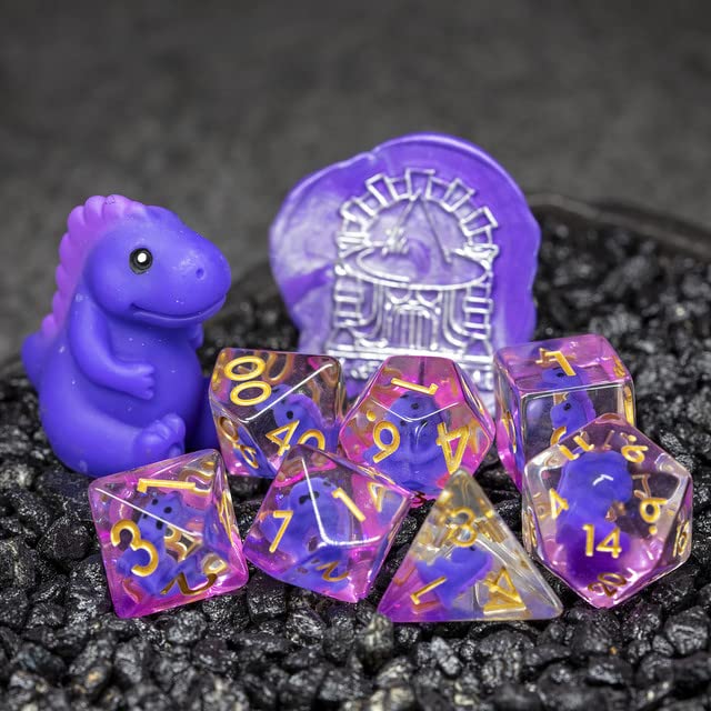 Sage's Portal Familiars Dice and Toy Set Combo Resin DND Dice Set Polyhedral Dice Set for Dungeons and Dragons RPG Pathfinder Tabletop TTRPG (Purple Dragon+ Figurine) - color: Purple Dragon, style: Dice Set +Mini Figure