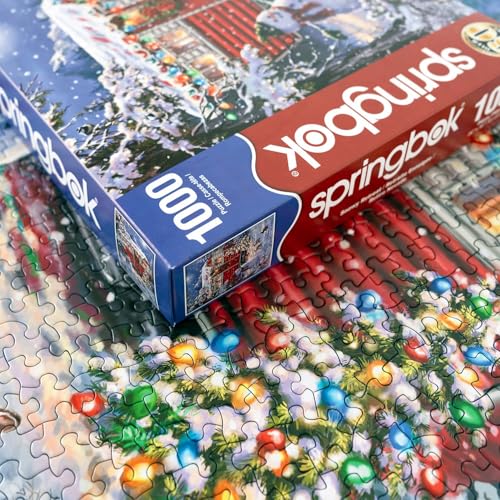 Springbok's Snowy Retreat 1000 Piece Jigsaw Puzzle is a Fun Holiday Image Featuring a Camper Glowing in Holiday Decor - style: Snowy Retreat