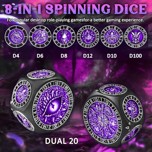 ZHOORQI 8-in-1 DND Dice Set – Metal Spinner Dice with Dual D20, 3D Monster Engravings & Smooth Spinning – Perfect for TTRPG, D and D Dungeons and Dragons Gifts(Black Dice - Purple) - color: Black Purple