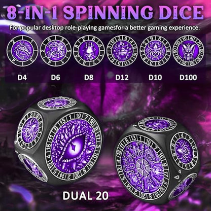 ZHOORQI 8-in-1 DND Dice Set – Metal Spinner Dice with Dual D20, 3D Monster Engravings & Smooth Spinning – Perfect for TTRPG, D and D Dungeons and Dragons Gifts(Black Dice - Purple) - color: Black Purple