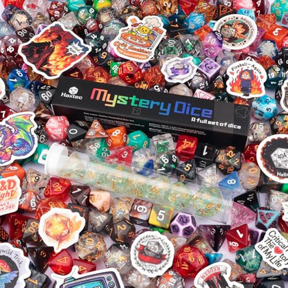 Haxtec Mystery DND Dice Set 7pcs Polyhedral Dice + 3 Funny Waterproof Stickers + Clear Tube Case, Mystery Dice for Dungeons & Dragons, Great DND Gift, No Duplicates in 2/5 Packs, Gift Box Included - style: Classic + Tube