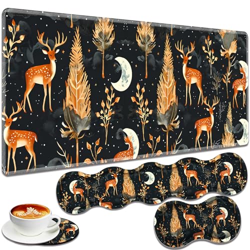 Large Gaming Mouse Pad + Keyboard Wrist Rest + Wrist Support + Coaster Set, Memory Foam Ergonomic for Easy Typing, XXL Extended Gaming Mouse Pad Table Pad - Forest Deer - color: Forest Deer
