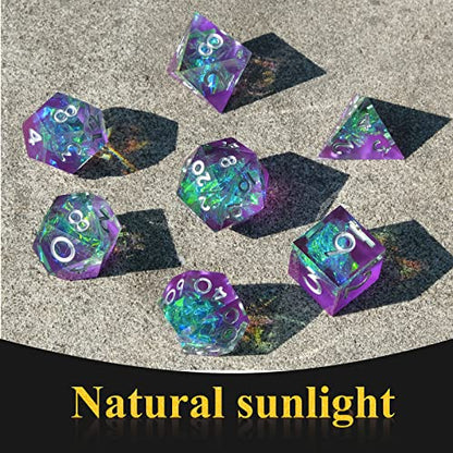 Sharp Edge DND Dice Set Handmade 7 Accessories Dice for Dungeons and Dragons TTRPG Games, Multi-Sided RPG Polyhedral Resin Sharp Edge Dice Roleplaying Games (Purple Green) - color: Purple Green
