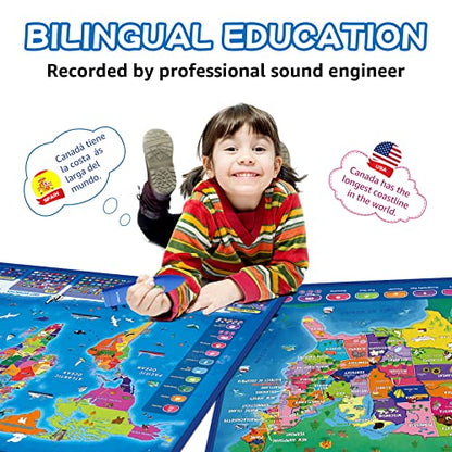 Qiaojoy Bilingual Interactive for Kids Talking USA Map World Map for Kids Learning, Geography Toys Games Educational Electronic Map Personalized Gift/Toys for 4 5 6 7 8 9 10 Year Old Girls/Boys - style: USA & World Map