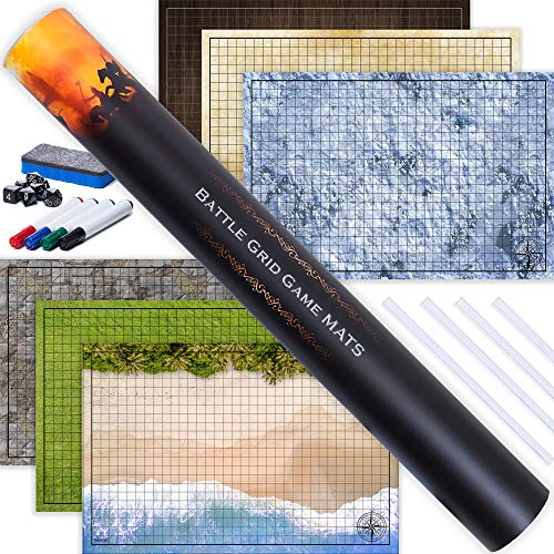 Tidyboss DND Starter Set | 3 X Double Sides 24x 36 Game Grid Mat | 6 Terrains Includes Dry Erase Markers, Eraser, Dice and Clips - color: Multi Color