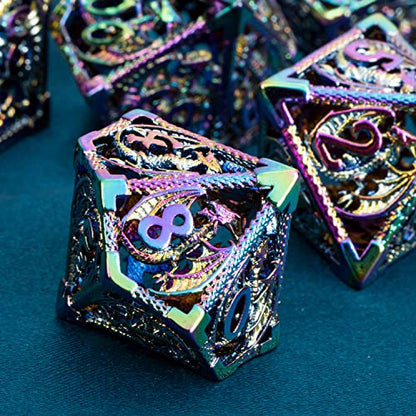 ARUOHHA Hollow DND Metal Dice Set Rainbow Dragons D and D Dice, RPG Role Playing Games Dungeons Polyhedral Dice with Gift Box D20 D12 D10 D8 D6 D4 - color: Colorful