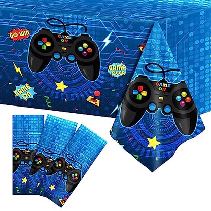 gisgfim 3pcs Video Game Tablecloths Gamer Tablecloth Birthday Party 106x54 Inch Gaming Party Plastic Table Cover Blue Gamer Table Cloth Game On Birthday Supplies for Kids Gaming Decor Favors