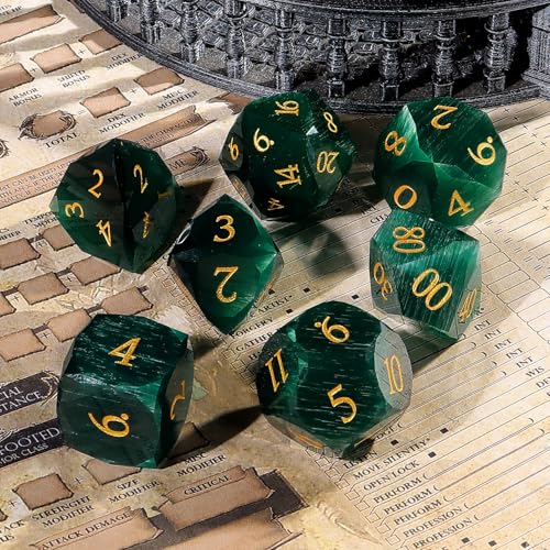 Green Cat's Eye Dice Set, 7-Piece Handcrafted Polyhedral Dice with Gold Engraving, Ideal for D&D, RPG, MTG & Tabletop Games, Gift Box Included (Cat's Eye - Dark Green) - color: Cat's Eye - Dark Green