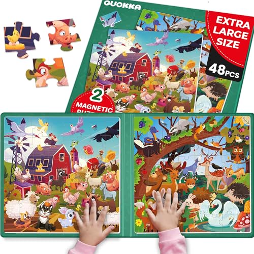 QUOKKA Magnetic Puzzles for Toddlers 2-4 – 2x48 Pieces Travel Games for Kids Ages 3-5 – Forest & Farm Animals Magnetic Puzzles for Kids Ages 4-8 – Educational Puzzle Gift Toy for Boys and Girls - color: 6. 48 Pcs Forest Farm