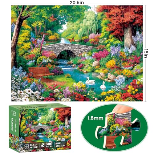 300 Piece Puzzle for Adults,Riverside Animal Puzzle for Kids Teen Adults,Spring Flower Landscape Jigsaw Puzzle 300 Piece,Interlock Perfectly Letter on Back,Family Activity Game Nights Gifts,20.5x15 in - color: White Swan