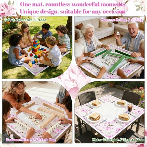Pink Mahjong Mat with Rules Noise Mah Jongg Mat for Table, 31.5x31.5 Inch | Neoprene Mahjong Mat, Floral and Bird Pattern, Non-Slip Base, Noise-Reducing, Mahjong Table Cloth Ideal for Mahjong - style: Flowers & birds