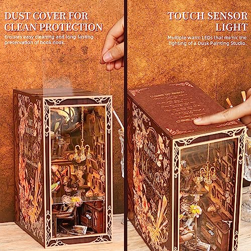 MiniCity Painter at Dusk Book Nook Kit, 3D Wooden Bookshelf Puzzle with LED | 7.1 x 4.3 x 9.1 in; 267-piece DIY kit with LED and dust cover; glue/tools included; 6-8 hr build for shelf display, ages 14+. - style: Painter's Day at Dusk