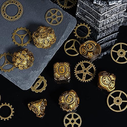 Metal Dice Set D&D, 7-Die DND Dice Metal Gear Dice with Gift Bag for Role Playing Games(Antique Gold) - color: Antique Gold