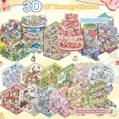3D House Stickers,DIY Sticker Therapy for Adult Fun Cute Cartoon Stickers | Scene Make Your Own for MINI Room Scenes for MINIature Supermarket for Relief Stress Pass The Time (6 Pcs Large+12 Pcs) - size: 6 Pcs Large + 12 Pcs Regular