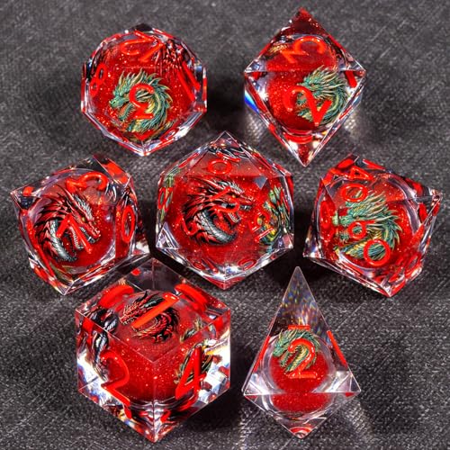 KERWELLSI Liquid Core Dragons Pattern Dice, Resin DND Dice Set with Gift Box, Red Sharp Edged Dungeons D&D Dice, Role Playing Game Dice D20 D12 D10 D8 D6 D4 - color: Red