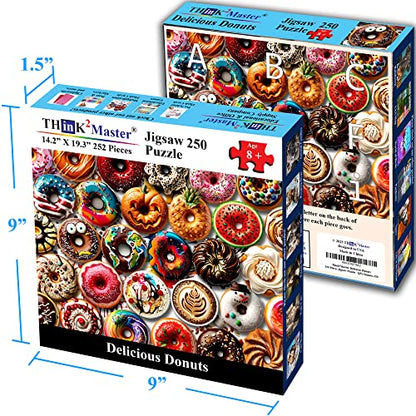 Think2Master Donuts 250 Pieces Jigsaw Puzzle. Perfect White Elephant Gag Gift. Fun Puzzle for Families. Great Gift for Adults and Teens. Size: 14.2” X 19.3” - style: Delicious Donuts