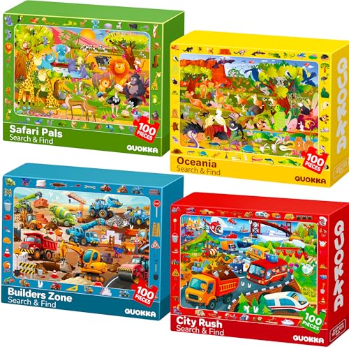 QUOKKA 100 Piece Puzzles for Kids Ages 4-6 – 4xSET Jigsaw Puzzles for Kids Ages 6-8 – Educational Search & Find Game with Animals, Cars for Childrens 5-8 – Toddler Learning Toy Gift for Boys and Girls - color: Animals & City