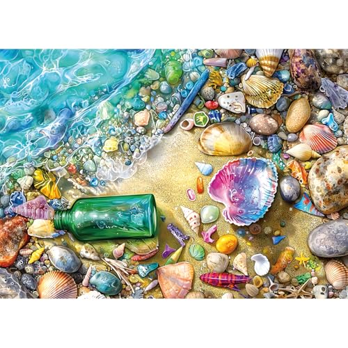 Jigsaw Puzzle 1000 Pieces for Beach Treasures Colorful Seashells Pebbles & Green Glass Bottle, Fun Challenging Family Puzzle with Letters on Back, for Adults, 27.5x19.7 Inch - color: Beach Shells, size: 27.56" X 19.68"