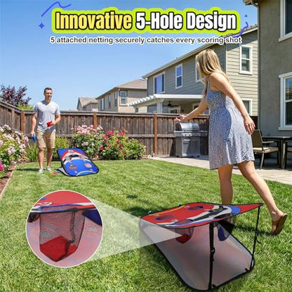 ROSE ME Corn Hole Boards Set, Double Sided, Portable, 3x2 ft, with 5 Holes | Collapsible, with 8 Bean Bags, 12 Sticky Balls, Free Carry Case, Adults Outdoor Toss Games for Yard Lawn Beach Indoor