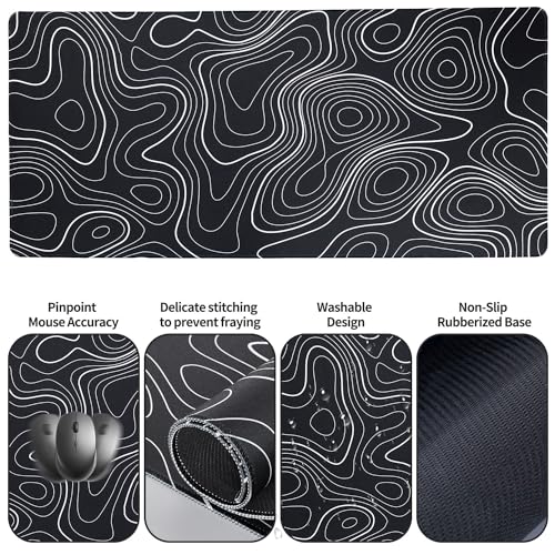 Bloss Keyboard Mouse Pad Set, Large Gaming Desk Pad+Keyboard Wrist Rest+Mouse Wrist Cushion+Coaster, Non-Slip Desk Mat, Home Office Essentials-Black and White Topography (35.4 x 15.7 Inches) - color: Topographic, size: 35.4 in x 15.7 in x 0.08 in