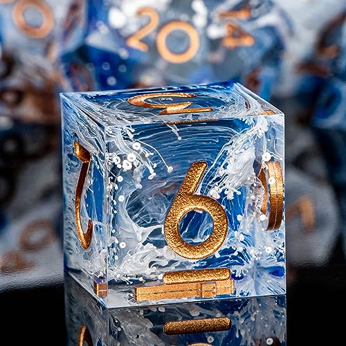 ARUOHHA Blue DND Resin Dice Set 7PCS Translucent Handmade RPG Polyhedral Sharp Edge Dice Set with Gift Box, Glitter Inclusions D and D Dice D20 D12 D10 D8 D6 D4 - color: Blue