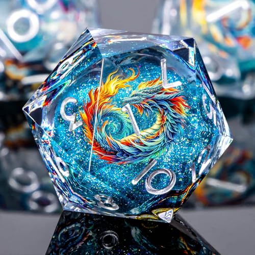 Roycevon Dragon Pattern Liquid Core DND Dice Set, 7Pcs Sharp Edge D&D Dice with Gift Box, Blue Resin Dungeons Dragons D and D Role Playing Dice D20 D12 D10 D8 D6 D4 - color: Blue