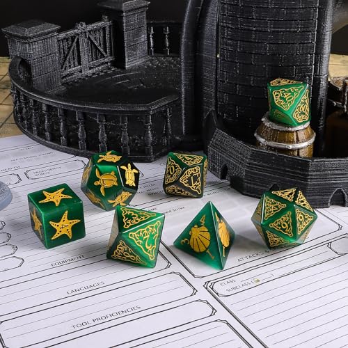 LUCKY-M Turtle Dice DND Set Green, 7PCS Cat Eye Stone D&D for Dungeons and Dragons, RPG D and D Dice for MTG Accessories DND Gift(PC-Green) - color: Pc-green