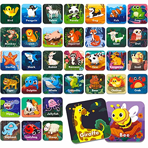 Hebayy 36 Pair Animal Matching Memory Game Flash Cards for Toddlers, Preschool, Kindergarten and Home. Erasable, Fun & Fast, Travel Friendly, Skill Building. Size 2” x 2”(5 x 5 cm) - style: Cartoon Animals 2