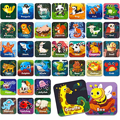 Hebayy 36 Pair Animal Matching Memory Game Flash Cards for Toddlers, Preschool, Kindergarten and Home. Erasable, Fun & Fast, Travel Friendly, Skill Building. Size 2” x 2”(5 x 5 cm) - style: Cartoon Animals 2