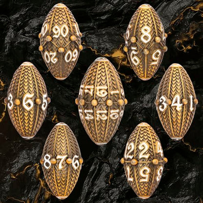 ARUOHHA DND Metal Dice Antique Gold Dragon Egg Dice with Metal Box, Role Playing Game RPG Polyhedral D and D Dice Set D20 D12 D10 D8 D6 D4 - color: Ancient Gold-02