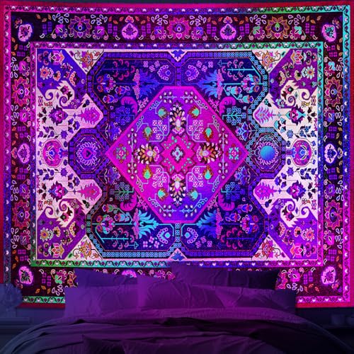 Apdidl Blackligt Boho Tapestry for Bedroom, Mandala Hippie Wall Tapestries | Indian Bohemian Glow in The Dark Neon Wall Hanging, UV Reactive Purple Floral Vertical Tapestrys for Living Room 51" X 60" - color: Blacklight Boho tapestry, size: 60"L x 51"W