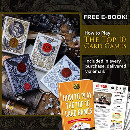 Medieval Playing Cards with Unique Seal and Free Card Game eBook, Stand Out with Cool Poker Cards, Black Deck of Playing Cards, Unique Illustrated Designs for Kids & Adults, Playing Card Decks - color: Gold