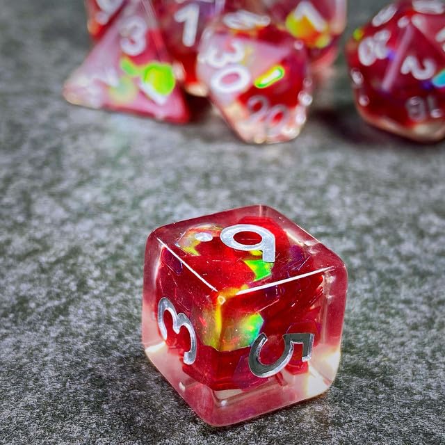 Sage’s Portal Cantrips DND Dice Set - Round Edge Resin 7-PC Polyhedral DND Dice Set for Dungeons and Dragons D&D RPG Tabletop TTRPG (Red Holo Flakes) - color: Red Holo Flakes
