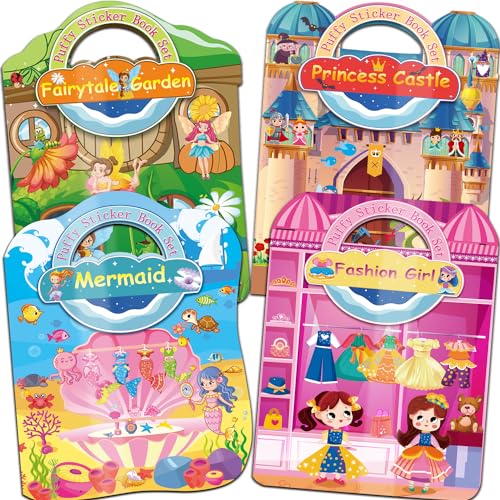 Kalysky Dress Up Sticker Books for Girls Ages 2-4 4-8, Reusable Puffy 3D Sticker Books for Toddlers 2-4 Years, Include Princess Mermaid Fairy and Fashion Girl,Activity Book for Toddlers 1-3 - color: 4 Set - Princess/Mermaid/Fairy/Fashion
