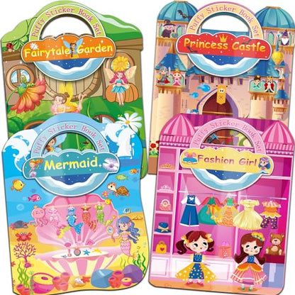 Kalysky Dress Up Sticker Books for Girls Ages 2-4 4-8, Reusable Puffy 3D Sticker Books for Toddlers 2-4 Years, Include Princess Mermaid Fairy and Fashion Girl,Activity Book for Toddlers 1-3 - color: 4 Set - Princess/Mermaid/Fairy/Fashion