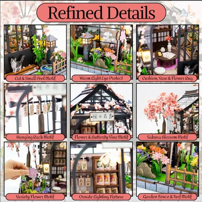 MINORIA Sakura Greenhouse DIY - Miniature House Building Kit-3D Wooden Cherry Blossom Dollhouse with Acrylic Dust Cover - LED Light