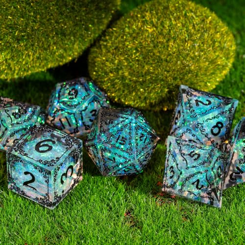 Cusdie 7-Piece Sharp Edges DND Dice Set with Sprout Design - Perfect for Tabletop RPGs Board Games Gifting and Collecting(Sprout Transparent Black) - color: Sprout-transparent