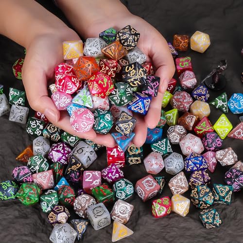 CiaraQ Polyhedral Dice with Engraved Designs & Drawstring Pouch | 26 acrylic dice sets – 182 pcs total, 7 per set (D4-D20). Lightweight & durable. Great for D&D & tabletop games. Ages 14+. - color: 26 Colors - Engraved Pattern Style