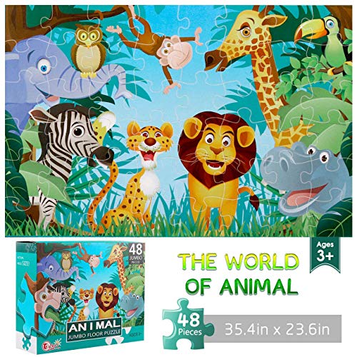 Jumbo Floor Puzzle for Kids,48 Piece Animal Jigsaw Puzzle Ages 3-8 | Animal Puzzle,Extra-thick Cardboard,Preschool Learning Toy,35x24 in Completed,Educational Development Gift for Boys and Girls - style: Animal
