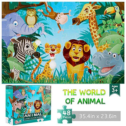 Jumbo Floor Puzzle for Kids,48 Piece Animal Jigsaw Puzzle Ages 3-8 | Animal Puzzle,Extra-thick Cardboard,Preschool Learning Toy,35x24 in Completed,Educational Development Gift for Boys and Girls - style: Animal