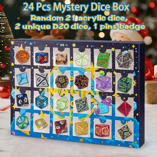 Mystery Dice Box - 24 Pcs Polyhedral Dice, Dice Advent Calendar | Random Styles Dice & Pins, Bulk DND Dice, Gifts for Dungeons and Dragons, MTG, Game Night, Dice Goblins, RPG Players & DMs - style: Mystery Dice Gift Box (24 Holes)