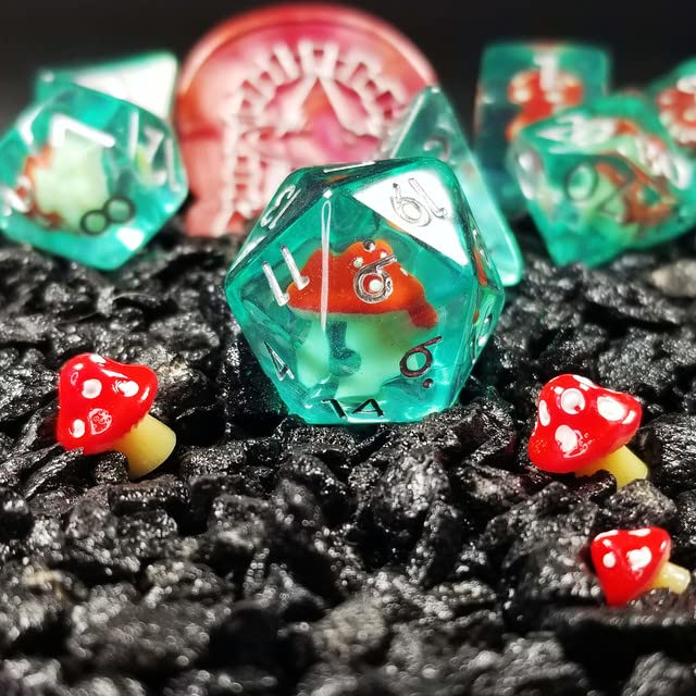 Sage's Portal Familiars and Reagents Resin DND Dice Set Polyhedral Dice Set for Dungeons and Dragons RPG Tabletop TTRPG (Red Magic Shrooms) - color: Red Magic Shrooms